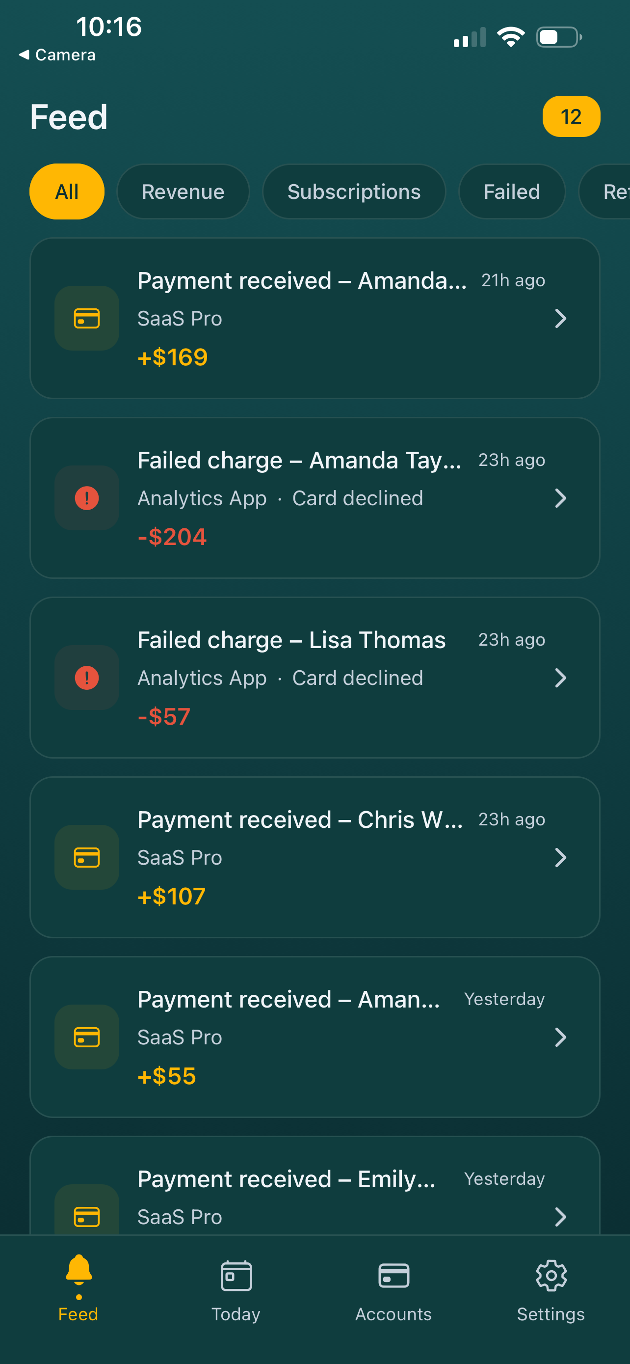 Sales Goblin feed with payments and failed charges, each attributed to a connected Stripe account